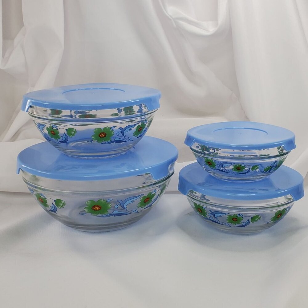 Vintage Imperial Glass Blue Green Flower Nesting Bowls Storage 1970's Set of 4 - Picture 2 of 14